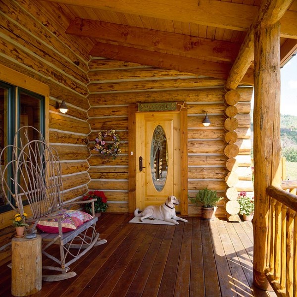 Exterior, square, front porch detail, Ladyga residence,Steamboat Springs, Colorado; Montana Log Homes