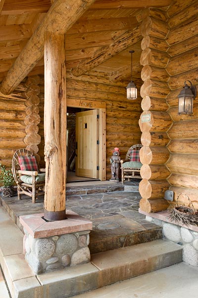 Exterior, vertical, entry, Meyer residence, Milner, Colorado; Montana Log Homes