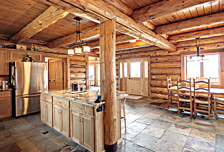 The interior of a log cabin