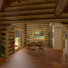 Dining room in custom log home viewed through log archway