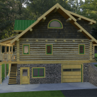 End view of log cabin set on stone basement with covered porch on left and cedar shingles on gable end.