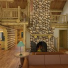 Stone fireplace in custom log home