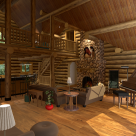 Interior of log home with grand piano by fireplace and open to kitchen