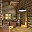 Living room in log cabin with cathedral ceiling