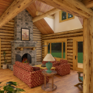 Interior great room in custom log home with fireplace