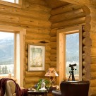 Close up photo of handcrafted log wall with telescope set in front of tall window trimmed in pine boards.