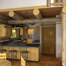 Kitchen in log cabin with loft