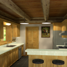 Rendering of log home kitchen with pine cabinetry and white contertops. Large angled breakfast bar with barstools to right and log ceiling beams above.