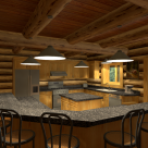 Log home kitchen with large breakfast bar