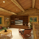 Open loft with television and cozy chairin log home