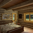 Rendering of handcrafted log home bedroom with king size bed set on wood floors with view through large windows to exterior porch and forest beyond.