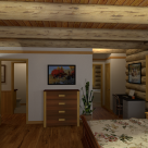 Rendering of log home bedroom with wood floors, white interior walls and log beams in ceiling.