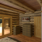 Bedroom of log home with french doors leading to covered porch