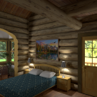 bedroom in log cabin with sunroom