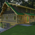 Quartering view of log cabin with green roof and full shed dormer above covered entry supported by log post and beam.