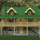 front view of handcrafted log cabin set on full basement with covered porch and log railings, two gable dormers and green metal roof.