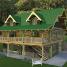 Rendering of handcrafted log home with green metal roof on full basement with large covered porch with log rafters and log rails, two gable dormers above accent long roof line.