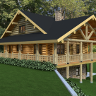 Exterior of log cabin with wrap around porch