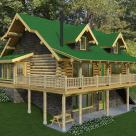 Corner view of handcrafted log cabin set on hillside. Cabin features sunroom on end covered porch with log rafters on front and two gable dormers in loft above.