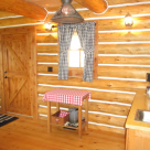 Interior of chinked log cabin