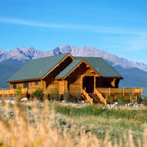 Exterior of log home with green roof with mountains in background