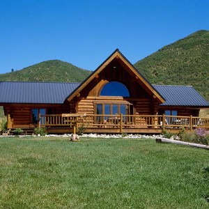 Exterior of ranch style log home