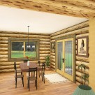Rendering of log home dining room with view through large window and french doors to forest beyond.