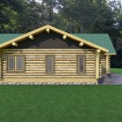 Rendering of handcrafted log home, end view with low profile roof lines.