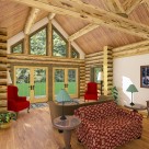 Interior rendering of log home great room with red chairs and french doors leading to patio with forest backdrop.