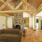 Interior rendering of log home great room with river rock fireplace, hardwood floors and diamond log truss supporting expose log beams.
