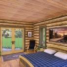 Rendering of handcrafted log home bedroom with wood floors, pine ceiling and french door to patio outside.