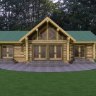 Front view rendering of ranch style handcrafted log home with french doors to patio and trapezoid windows in gable.