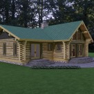 Rendering of low profile custom log home with green roof and french doors leading to large patio in forest setting.
