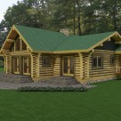 Rendering of ranch style log home with covered entryway and large patio.