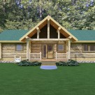 Rendering of ranch style log home with log post and beam covered entry