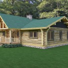 Rendering of ranch style log cabin with green lawn and forest background.