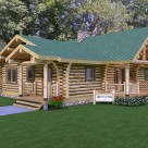 Rendering of custom log home with log post and beam covered entryways.