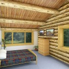 Interior rendering of log home bedroom with exposed ceiling logs and pine boards above.
