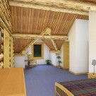 A rendering of a custom log home's loft bedroom.