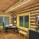 Rendering of log home office with large windows to view the forest beyond.