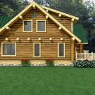 Exterior rendering of log home with full log gable end and dormers.