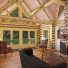 Interior rendering of log home great room with river rock fireplace and exposed log ceiling beams.