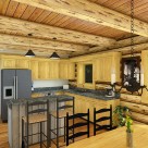 Rendering of log home kitchen with exposed ceiling logs with pine boards above.
