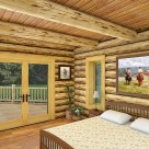 Handcrafted log home bedroom rendering with western art on the wall and french doors to patio.