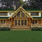 Rendering of handcrafted log home with covered porches and large stucco dormers.