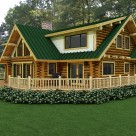 Exterior rendering of handcrafted log home with large dormer, covered entry and patio.