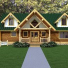 Rendering of handcrafted log home with diamond truss at center and stucco dormers on each side.