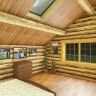 Rendering of log cabin bedroom with exposed log ceiling beams.