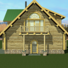 Rendering of handcrafted log home with balcony, dormers and green roof.