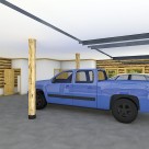 Interior rendering of log garage with blue pickup inside.